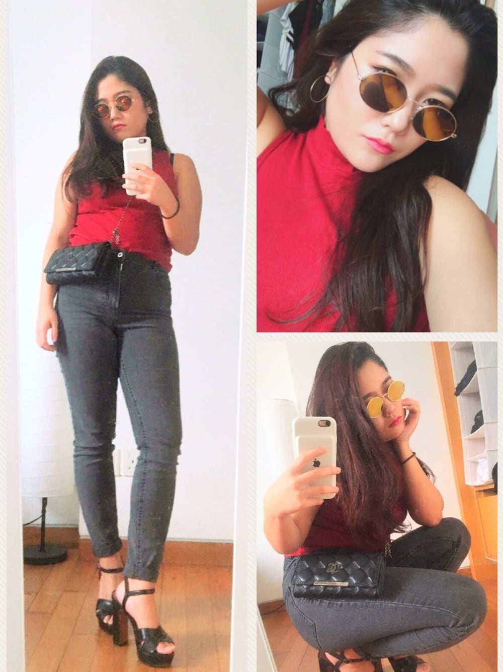 「summer、NOSLEEVE、high heels、highwaist、Sunglasses、気になる方はご連絡下さい」｜「FOREVER 21のアイテム（サンダル、ブラック系）」を使った、moedaさん（レディース・151cm）の夏コーディネートの1枚目の写真