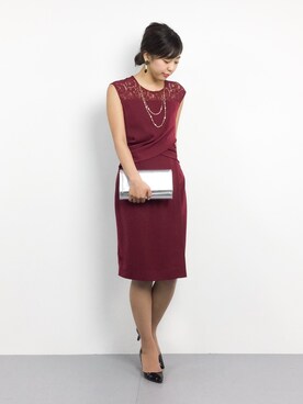 YUKIさんの「2連ネックレス付きペプラムライン ショルダーレースワンピースドレス」を使ったコーディネート