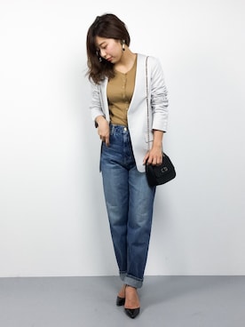 「Jines（ジネス）のアイテム（ノーカラージャケット）」を使った、YUKIさん（レディース・158cm）の春コーディネート