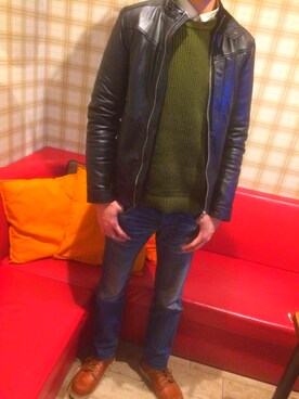 「G-STAR RAW（ジースターロゥ）のアイテム（ライダースジャケット）」を使った、S.Rさん（メンズ・183cm）の冬コーディネート