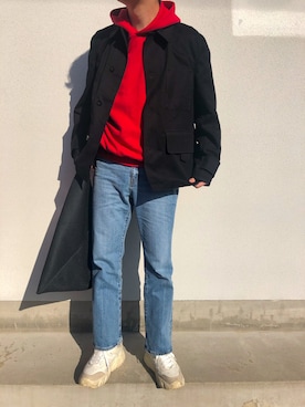 「urself（ユアセルフ）のアイテム（パーカー、レッド系）」を使った、U1さん（メンズ・175cm）の春コーディネート
