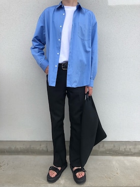 「THOMAS MASON（トーマス メイソン）のトーマスメイソンオーバーシャツ（シャツ/ブラウス、ブルー系）」を使った、U1さん（メンズ・175cm）の春コーディネート