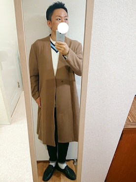 「アイテム（ノーカラージャケット、イエロー系）」を使った、xさん（メンズ・171cm）の秋コーディネート