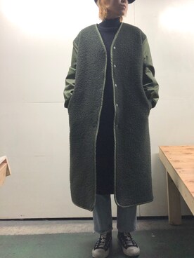 「JOURNAL STANDARD（ジャーナルスタンダード）のナッピングウールロングコート（その他アウター、グリーン系）」を使った、RINAさん（レディース・166cm）の冬コーディネート