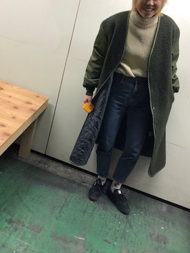 「JOURNAL STANDARD（ジャーナルスタンダード）のナッピングウールロングコート（その他アウター、グリーン系）」を使った、RINAさん（レディース・166cm）の冬コーディネート