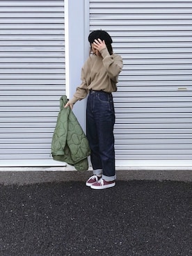 「ウエストイン」｜「アイテム（帽子）」を使った、ikumi＊さん（レディース・159cm）の春コーディネート
