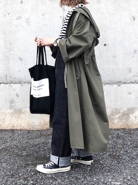 「KBF（ケイビーエフ）のBIGフーディコート（その他アウター）」を使った、RICOさん（レディース・155cm）の春コーディネート