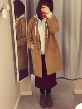 「UNIQLO（ユニクロ）のアイテム（ダッフルコート、ブラウン系）」を使った、张小红xyzさん（レディース・168cm）の冬コーディネート