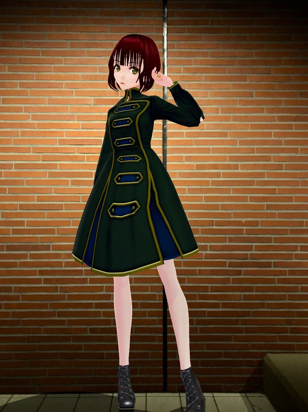 「観劇スタイル、ワンピース、軍服、プチプラ」｜「HulaFlatWorksのアイテム（ワンピース、グリーン系）」を使った、藤林檎さん（レディース・165cm）の冬コーディネートの1枚目の写真