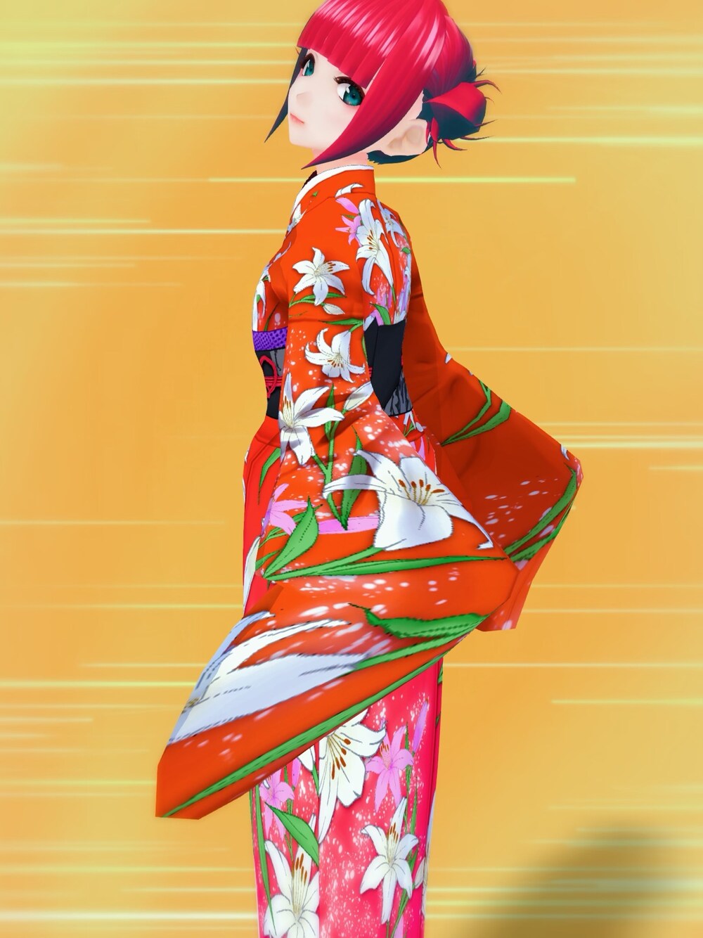 レッド系の着物を着用したレディースの夏コーディネートの1枚目の写真