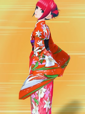 「アイテム（着物、レッド系）」を使った、藤林檎さん（レディース・165cm）の夏コーディネート