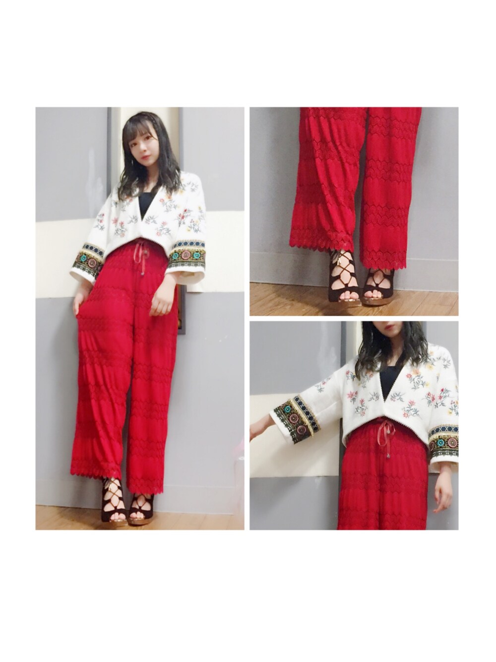 ホワイト系のノーカラージャケット、レッド系のその他パンツ、ブラック系のサンダルを着用したレディースの春コーディネートの1枚目の写真