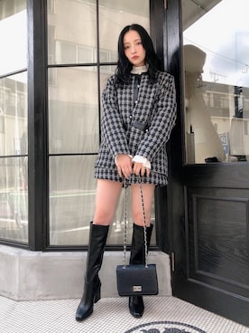 「ANDGEEBEE（アンジービー）のアイテム（ノーカラージャケット）」を使った、村瀬紗英さん（レディース・159cm）の秋コーディネート