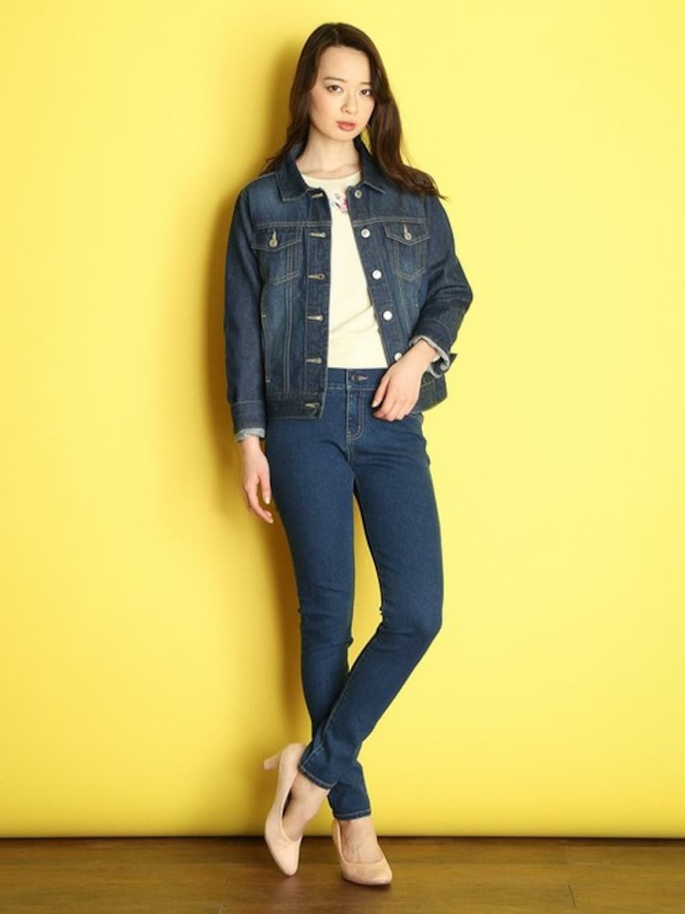 「デニム、ジージャン、Gジャン、春コーデ、デニムオンデニム、ハニーズ、Honeys、デニデニ」｜「HoneysのＧジャン（デニムジャケット、ブルー系）」を使った、ハニーズさん（レディース・160cm）の春コーディネートの1枚目の写真