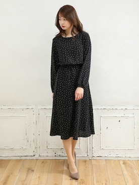 Honeys ハニーズ の 水玉 ドット フラワー 花柄 レトロひざ丈ミモレ丈ブラウジングワンピース ワンピース Wear