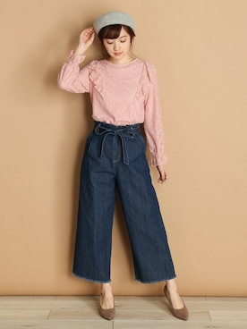 「Honeys（ハニーズ）のベルト付デニムワイドパンツ（デニムパンツ）」を使った、ハニーズさん（レディース・167cm）の冬コーディネート