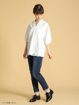 「Honeys（ハニーズ）のデニムテーパードパンツ（デニムパンツ）」を使った、ハニーズさん（レディース・165cm）の夏コーディネート