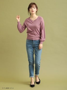 「Honeys（ハニーズ）のデニムテーパードパンツ（デニムパンツ）」を使った、ハニーズさん（レディース・167cm）の秋コーディネート