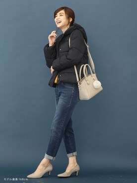 「Honeys（ハニーズ）のデニムテーパードパンツ（デニムパンツ）」を使った、ハニーズさん（レディース・168cm）の秋コーディネート
