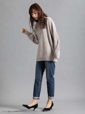 「Honeys（ハニーズ）のデニムテーパードパンツ（デニムパンツ）」を使った、ハニーズさん（レディース・167cm）の秋コーディネート
