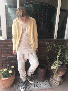 「アイテム（ノーカラージャケット、イエロー系）」を使った、keiさん（メンズ・178cm）の春コーディネート