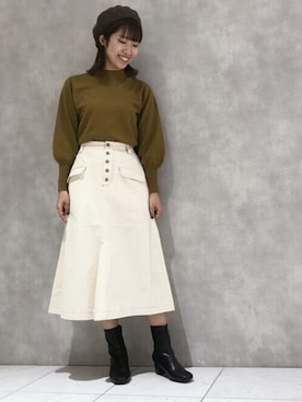 「バルーン袖」｜「アイテム（ハンチング/ベレー帽）」を使った、ヤマシタさん（レディース・163cm）の冬コーディネート