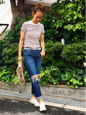 「TODAYFUL（トゥデイフル）のフリンジクラッチバッグ（クラッチバッグ）」を使った、MISAさん（レディース・165cm）の夏コーディネート