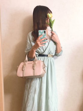 「natural couture（ナチュラルクチュール）のタッセルベルト付きカシュクールワンピース（ワンピース）」を使った、🍑しろもも🍑さん（レディース・159cm）の春コーディネート
