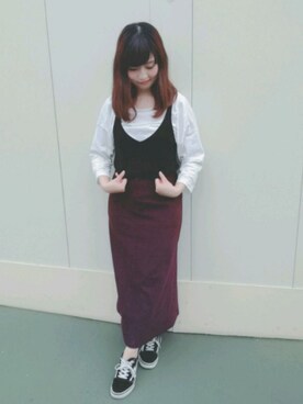 「used のアイテム（スカート、レッド系）」を使った、Chancoriさん（レディース・154cm）の秋コーディネート