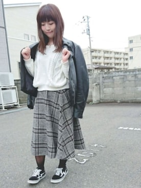 「ニットトップス」｜「アイテム（ライダースジャケット）」を使った、Chancoriさん（レディース・155cm）の秋コーディネート