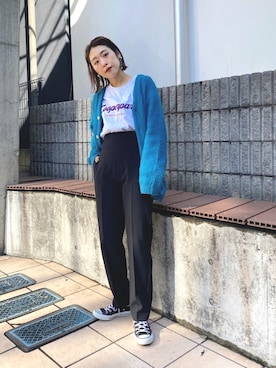「モヘアカーディガン」｜「アイテム（スウェット）」を使った、nodopachiさん（レディース・162cm）の冬コーディネート