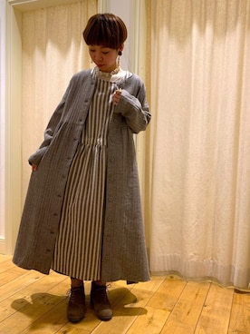 「ストライプワンピース」｜「アイテム（その他アウター）」を使った、や。さん（レディース・156cm）の秋コーディネート