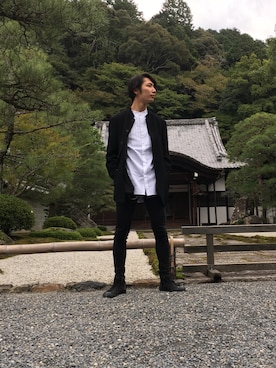 「ISSEY MIYAKE（イッセイミヤケ）のアイテム（ノーカラージャケット）」を使った、Ryosuke     Tsujiさん（メンズ・177cm）の冬コーディネート