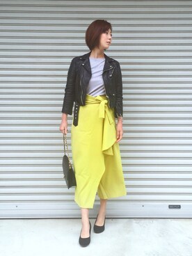 「ベルイエロー」｜「アイテム（ライダースジャケット）」を使った、yoka1124さん（レディース・170cm）の春コーディネート