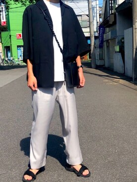 「LIDNM（リドム）のCUPRO RELAX PAJAMA PANTS（スラックス、グレー系）」を使った、がきさん（メンズ・173cm）の夏コーディネート