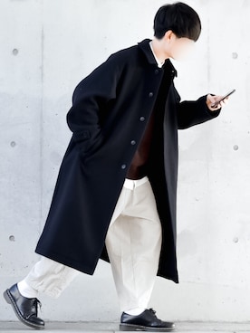 「アイテム（ステンカラーコート）」を使った、motoshi さん（メンズ・176cm・20代）の冬コーディネート