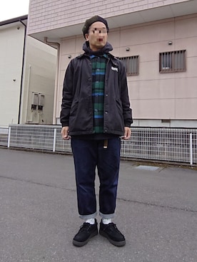 「オイルドジャケット」｜「アイテム（ハンチング/ベレー帽）」を使った、ハシタケさん（メンズ・171cm）の冬コーディネート