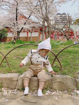 「ZARA KIDSのアイテム（ママ＆ベビー、ベージュ系）」を使った、𝐼𝑆𝐴さん（キッズ・80cm）の夏コーディネート