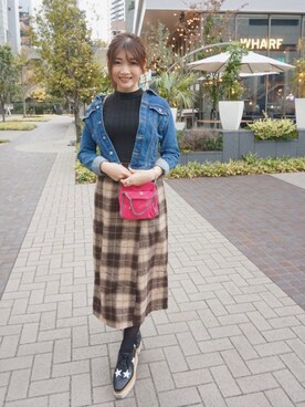 「グレンチェック」｜「アイテム（デニムジャケット）」を使った、Risachaaaさん（レディース・158cm）の冬コーディネート