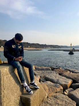 「海」｜「アイテム（ブルゾン）」を使った、Harukiさん（メンズ・180cm）の夏コーディネート