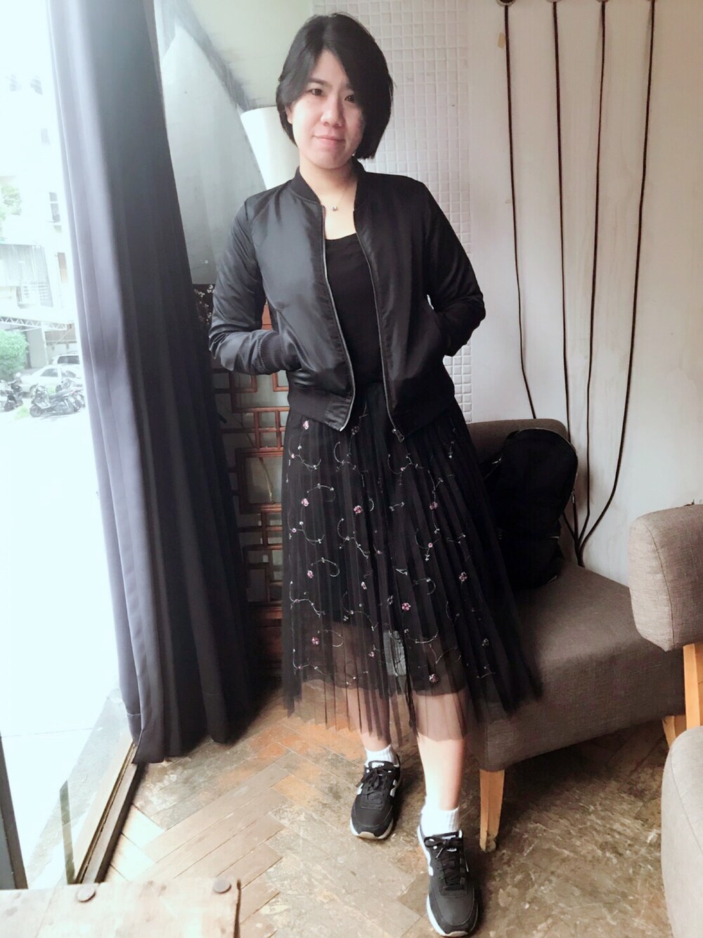 「無印良品のアイテム（MA-1、ブラック系）」を使った、ffrabbitさん（レディース・169cm）の秋コーディネートの1枚目の写真