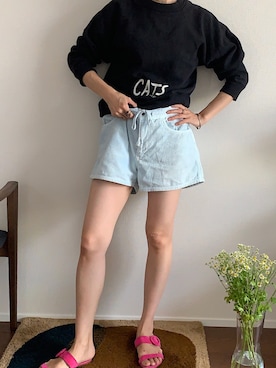 「droomtuin_vintageのアイテム（スウェット、ブラック系）」を使った、droomtuin_vintageさん（レディース・158cm）の夏コーディネート