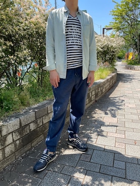 「ネイビー×ホワイト」｜「アイテム（スウェットパンツ）」を使った、ojuuunさん（メンズ・177cm）の春コーディネート