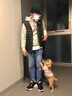 「スエット」｜「アイテム（ダウンベスト）」を使った、TORUさん（メンズ・167cm）の秋コーディネート