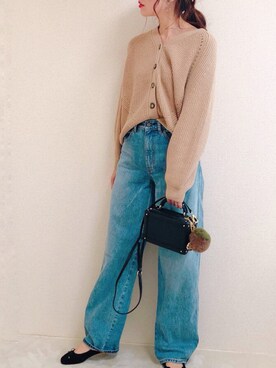 「UNIQLO（ユニクロ）のハイライズワイドストレートジーンズ（デニムパンツ）」を使った、makiさん（レディース・170cm）の冬コーディネート