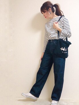 「UNIQLO（ユニクロ）のハイライズワイドストレートジーンズ（デニムパンツ）」を使った、makiさん（レディース・170cm）の冬コーディネート