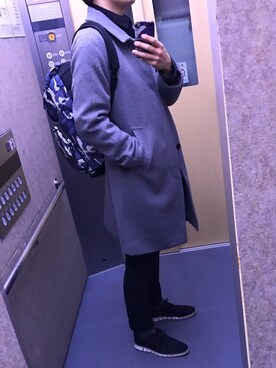 「迷彩」｜「アイテム（ステンカラーコート）」を使った、harinさん（メンズ・177cm）の冬コーディネート