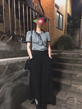 「EATME（イートミー）のフリルワイドパンツ（その他パンツ、ブラック系）」を使った、もげさん（レディース・162cm）の夏コーディネート