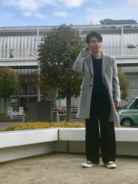 「JUNRED（ジュンレッド）のアイテム（チェスターコート）」を使った、YUKIさん（メンズ・164cm）の秋コーディネート