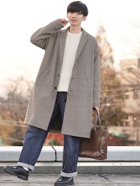「coen（コーエン）のアイテム（チェスターコート）」を使った、Fujino Masaruさん（メンズ・181cm）の冬コーディネート